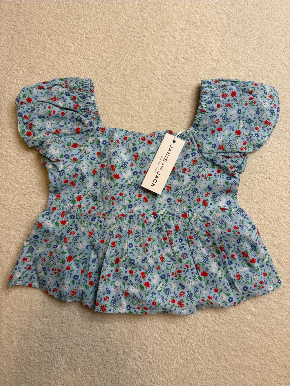 Janie and Jack Light Blue Floral Puff-Sleeve Top size 3 - Picture 4 of 6